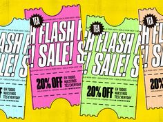 three coupons for flash sale on yellow and pink paper with black lettering in the middle