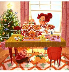 two children sitting at a table in front of a christmas tree and a gingerbread house