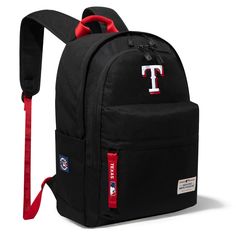 MLB OFFICIAL BASEBALL BACKPACK Light weight backpack , suitable for sports events, school, travelling and daily use. Made of waterproof polyester, this backpack has: Embroidered Texas Rangers logo Exterior front zipper pocket 2 main zippered compartments 2 side pockets Top carry handle (3.5") Front main compartment with organizer pockets Padded laptop compartment Quality construction, fully padded back panel and shoulder straps for cushioned comfort 14"" x 6" x 18" Sporty Standard Backpack For College, Sporty Backpack For Sports Events, Black Backpack For Sports Events, College Backpack With Zipper Closure, Black College Backpack, College Backpack With Standard Shape, Sporty Softback Backpack For Students, Sporty Backpack For College, Back To School, Sporty Backpack For College And Back To School