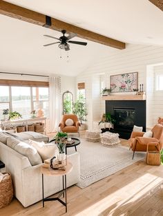 a living room filled with furniture and a fire place in the middle of a room