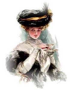 a painting of a woman wearing a hat and holding a tray with feathers on it