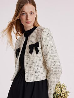 Elegant Spring Outerwear With Bow, Elegant Bow Outerwear For Spring, Elegant Long Sleeve Outerwear With Bow, Chic Winter Outerwear With Bow, Tweed Jacket Outfit, Bow Fashion, Ladies Short Jackets, Tweed Shorts, Short Women