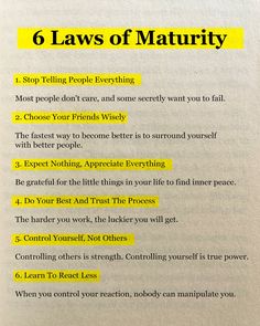 an open book with the title 6 laws of maturtry written in yellow on it