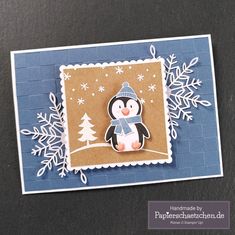 Handgemachte Klappkarte mit Pinguin und Eisblumen Penguin Christmas Cards Handmade, Cas Christmas Cards, Winter Wonderland Card, Winter Karten, Stamped Christmas Cards, Christmas Cards Kids