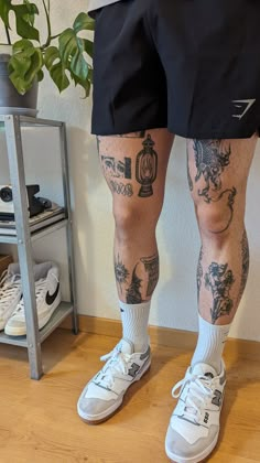 #aesthetic #tattoo #tatouage #legtattooideas #tattooideasforguys #tattooinspiration #tattoolife #tattoomodel #starbucks #gymshark #gymlife #gym Under Construction Tattoo, Tattoos On Legs For Men, Men’s Tattoo Styles, 2005 Leg Tattoo, Retrofuturism Tattoos, Patchwork Tattoo Men Leg, Leg Tattoos Placement, Men’s Patchwork Tattoo Ideas, Men Tattoos Aesthetic