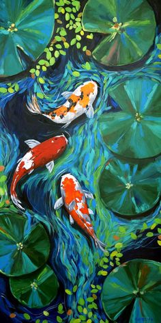 two koi fish swimming in a pond with lily pads