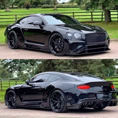 two pictures of a black sports car parked in front of a fence