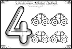 the number four coloring page for children to learn how to draw cars with numbers 4 and 5