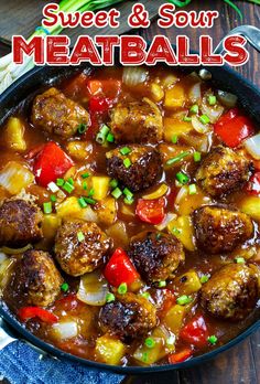 meatballs and vegetables in a skillet with the words sweet & sour meatballs