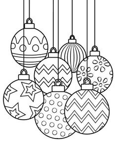 christmas ornament coloring page with ornaments hanging from the ceiling in black and white