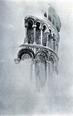 an artistic drawing of a building in the fog