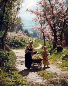 an old woman pushing a baby carriage down a dirt road with two young children in it