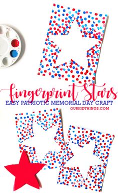 Memorial Day Star Fingerprint Craft Fourth Of July Art For Preschoolers, 4 Of July Toddler Crafts, Veterans Day Kindergarten Craft, Memorial Day Prek Crafts, Patriot Day Activities, Memorial Day Craft Preschool, Kid 4th Of July Crafts, Independence Day Toddler Crafts, Memeriol Day Crafts