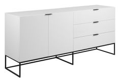 a white cabinet with three drawers and two black handles