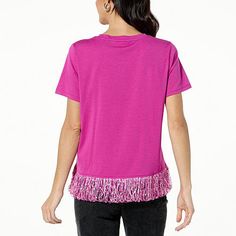 G by Giuliana Short-Sleeve Knit Top with Fringe Trim Every day is a good day to sparkle … and why not add a little fringe too? Take your everyday look from drab to fab with this classic short-sleeve tee updated with faux feather fringe and sparkling sequins. Pink Knit Top For Party, Casual Pink Sequined T-shirt, Spring Crew Neck Top With Fringe, Spring Fringe Crew Neck Tops, Pink Casual Sequined Tops, Casual Pink Sequined Tops, Spring Knit Top With Fringe, Casual Knit Top With Fringe, Casual Knit Party Tops