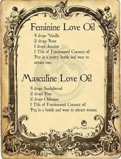 Attraction Perfume Spell, Feminine Love Oil, Lilith Essential Oils, Herbal Potions Recipes, Love Perfume Witchcraft, Witch Perfume Recipes, Attraction Oil Recipe Witchcraft, Beauty Potions Witchcraft, Come To Me Oil Recipe Hoodoo