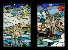 two stained glass panels with stars and clouds in the sky, one on each side