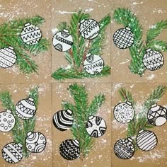 christmas ornaments are shown in black and white on the snow - covered ground, with pine branches