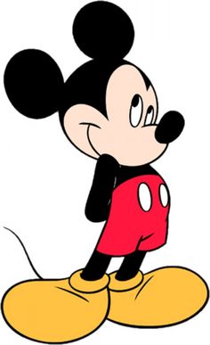 a cartoon mickey mouse standing on top of a yellow and red object with his eyes closed