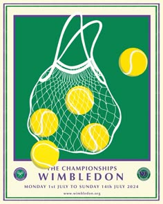 a poster with tennis balls in a mesh bag and the words wimbledon on it's side