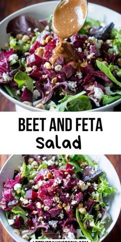 beet and feta salad in a white bowl with dressing being drizzled over it