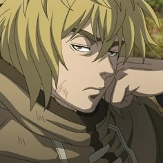 an anime character with blonde hair and blue eyes, wearing a brown outfit while holding his hand to his face