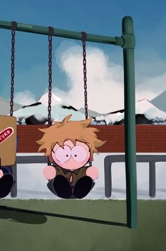 two cartoon characters are sitting on swings