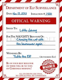 an official warning card for the holiday season is shown in red and white striped paper