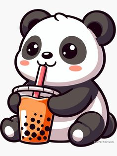 a cartoon panda bear holding a drink in its paws and drinking it with a straw