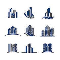 the logos for buildings and skyscrapers are shown in different colors, shapes and sizes