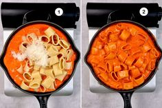 two pictures showing how to cook pasta in a skillet