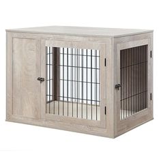 a wooden dog crate with metal bars on the doors