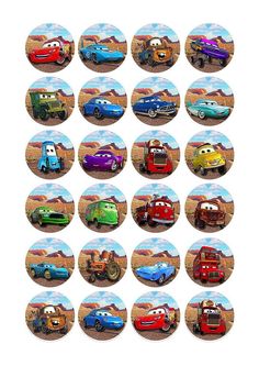 the cars of disney pixars are shown in different colors and sizes, with each car