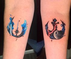 two tattoos on the legs of people with blue and red ink, one has a star wars symbol