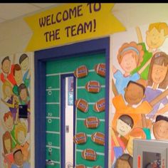 a classroom door decorated with pictures of people and the words welcome to the team on it