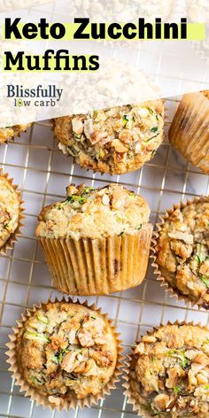 several muffins on a cooling rack with the words keto zucchini muffins