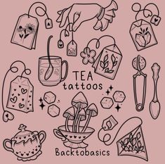 tea tattoos are shown in black and white on a pink background with the words backtobasics