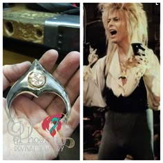 a person holding a ring in their left hand and another image of a woman with her mouth open