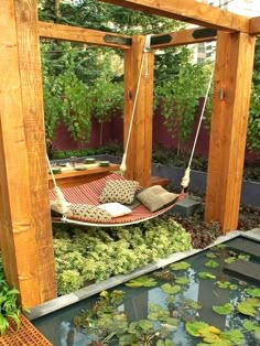 there are pictures of different things in the yard and on the deck, including a hammock