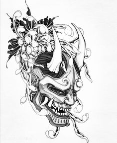 an ink drawing of a mask with flowers and leaves on its head, in black and white