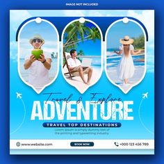 a travel flyer with three people on the beach