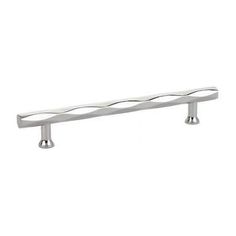 stainless steel pull handle with wavy design on an isolated white background for use in the kitchen or bathroom