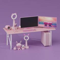 a computer desk with two monitors on it and toys in front of the desktop screen