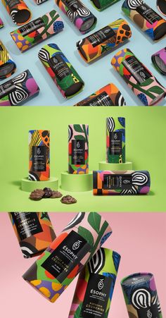 an assortment of colorful packaging designs on different colors and shapes, including chocolates, candy bars, and candies