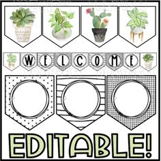 a printable welcome sign with potted plants on it and the words editable