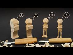 four wooden figurines are shown with one being cut into smaller figures and the other is