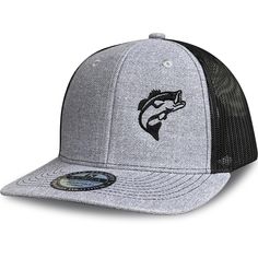 a gray and black hat with a fish embroidered on the front