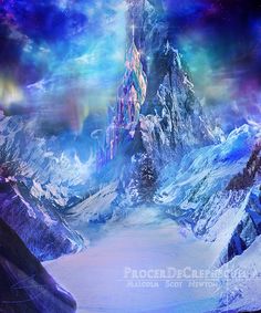 an artistic painting of a snowy mountain with a castle in the sky and stars above it