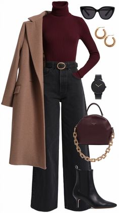 Elevate your winter wardrobe with this chic outfit featuring a cozy burgundy turtleneck sweater, high-waisted wide-leg jeans, and sleek black ankle boots. Complete the look with a stylish beige wool coat, gold accessories, and a statement handbag. Perfect for a trendy yet sophisticated winter style! 🍂✨ #WinterFashion #OOTD #ChicStyle #FashionInspo #WinterOutfitIdeas #BurgundySweater Womens Burgundy Outfits, Office Stylish Outfit, Burgandy Turtle Neck Outfits, Winter Outfits Jeans Boots, Winter Coats Outfits Women, Outfit Ideas Winter Office, 30s Winter Outfits, Winter Boot Work Outfits, Tailored Pants Fall Outfit