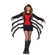 a woman in a black and red costume